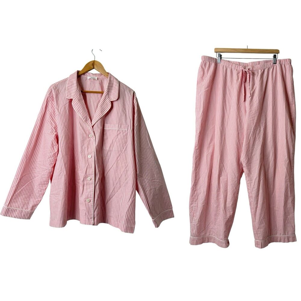 Haven Well Within Pajama Set Womens XXL Pink Striped Cotton LS Wide Leg Comfort
